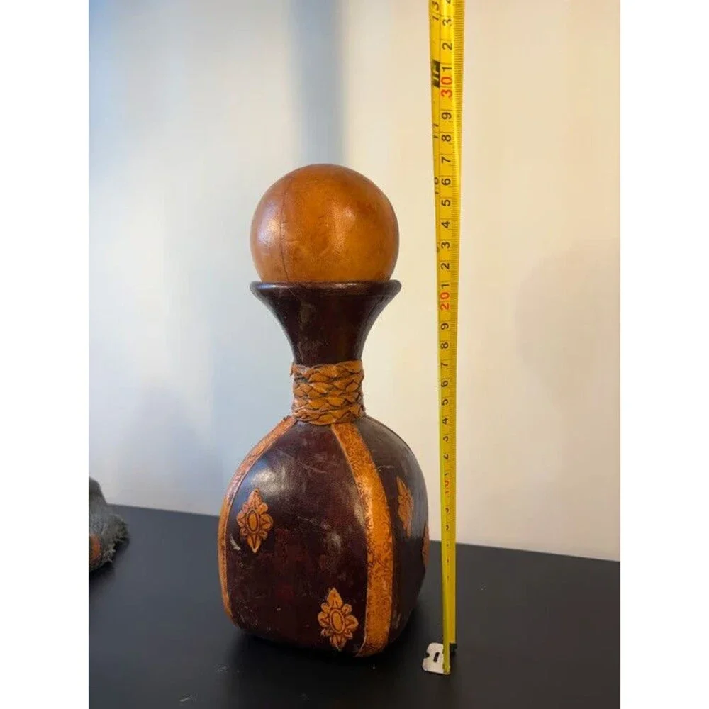 Italian Leather Decanter Dark Brown Fleur de Lis Applied Motifs Ball Stopper
